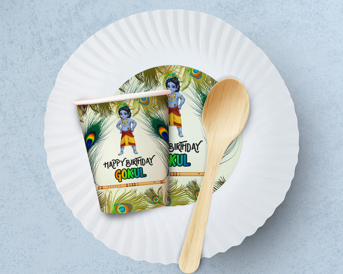 PSI Little Krishna Theme Party Cups and Plates Combo