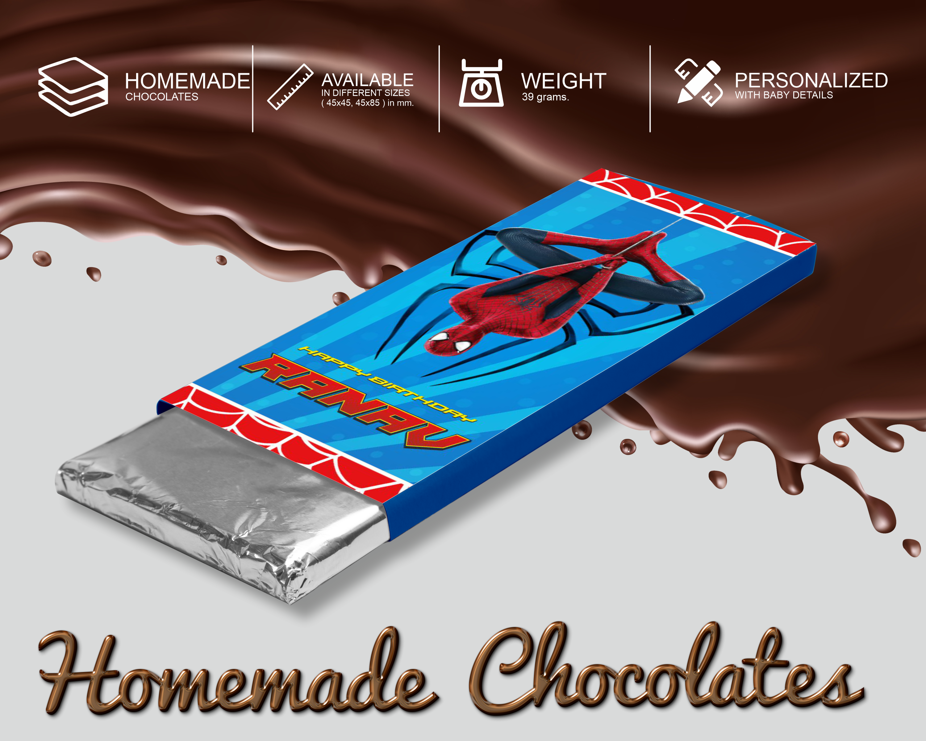 Spiderman Theme Home Made Chocolate Return Gifts