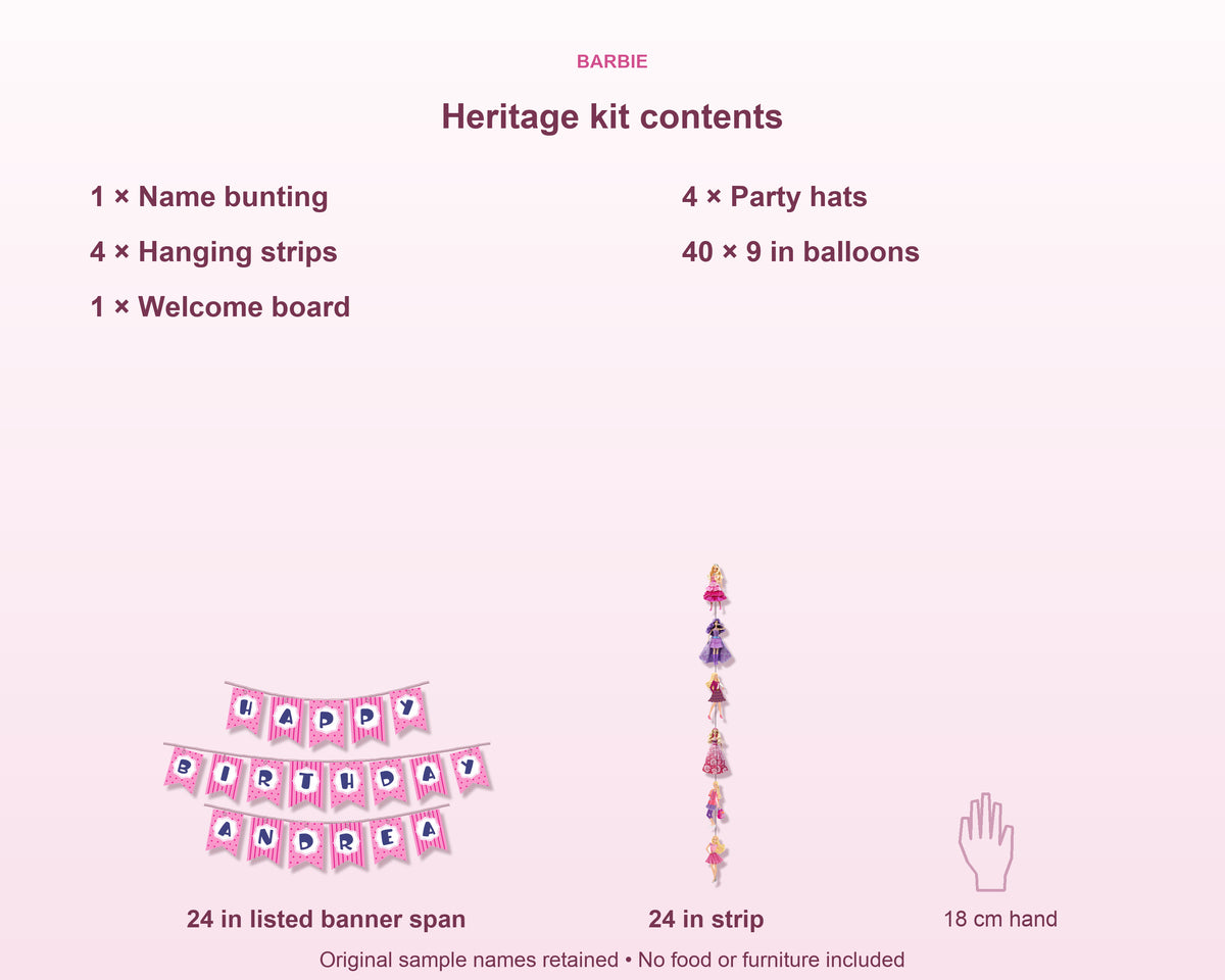 Barbie Theme Heritage Combo Kit - sizes and details