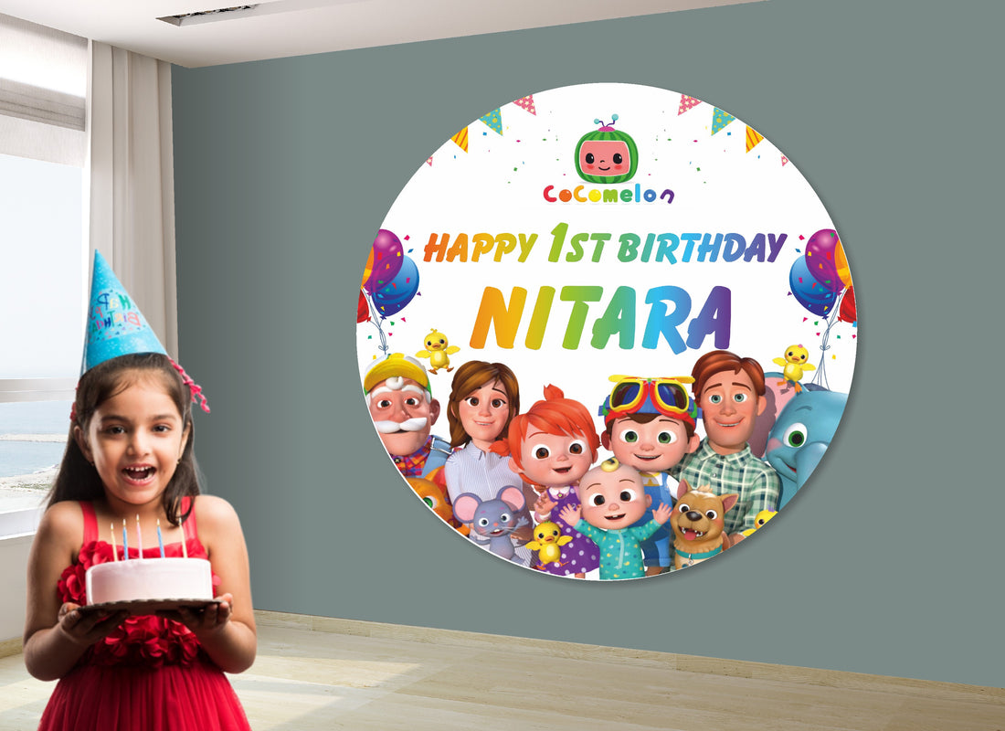 Coco Melon Theme Girl Personalized Round Backdrop