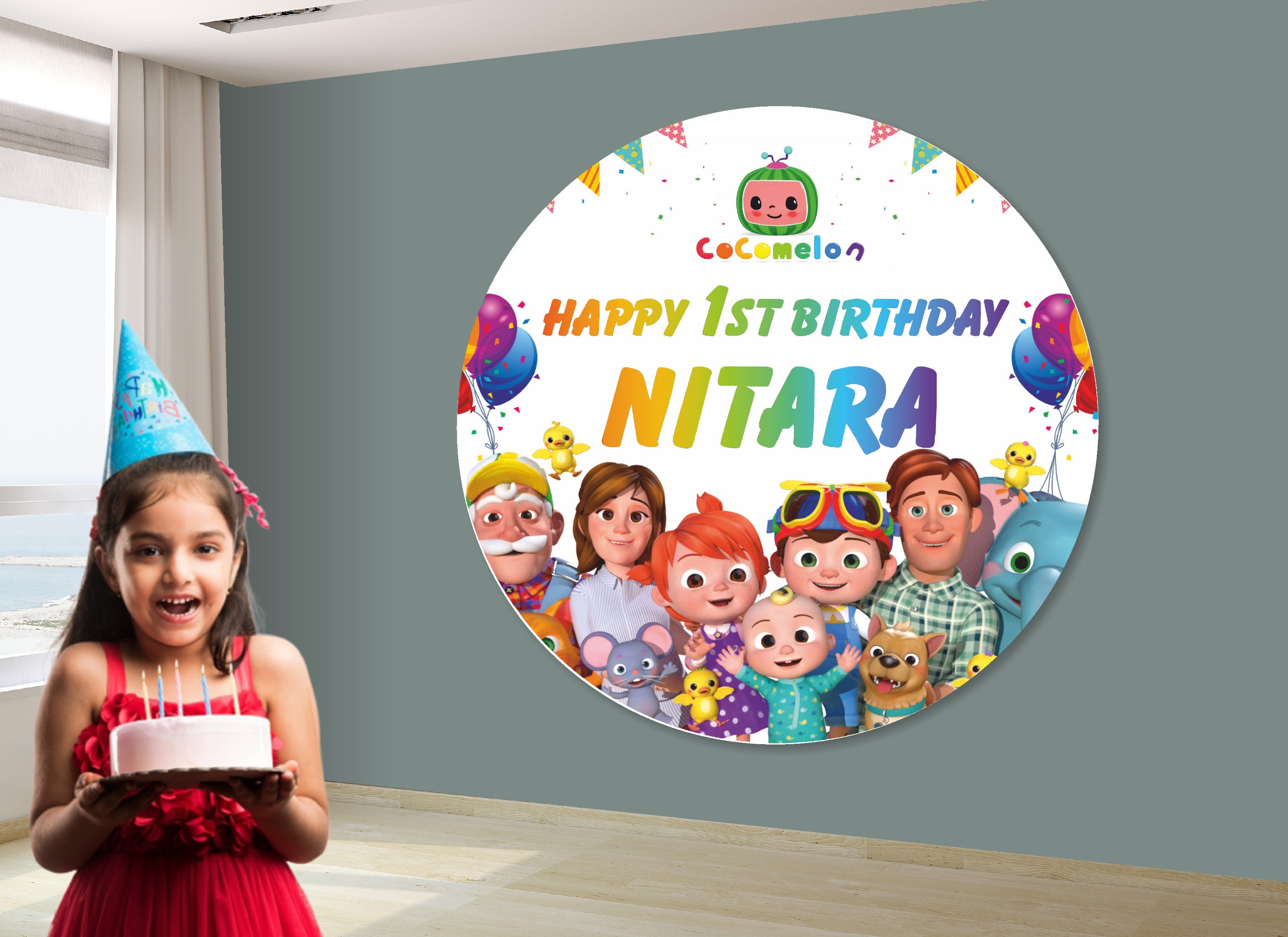 Coco Melon Theme Girl Personalized Round Backdrop