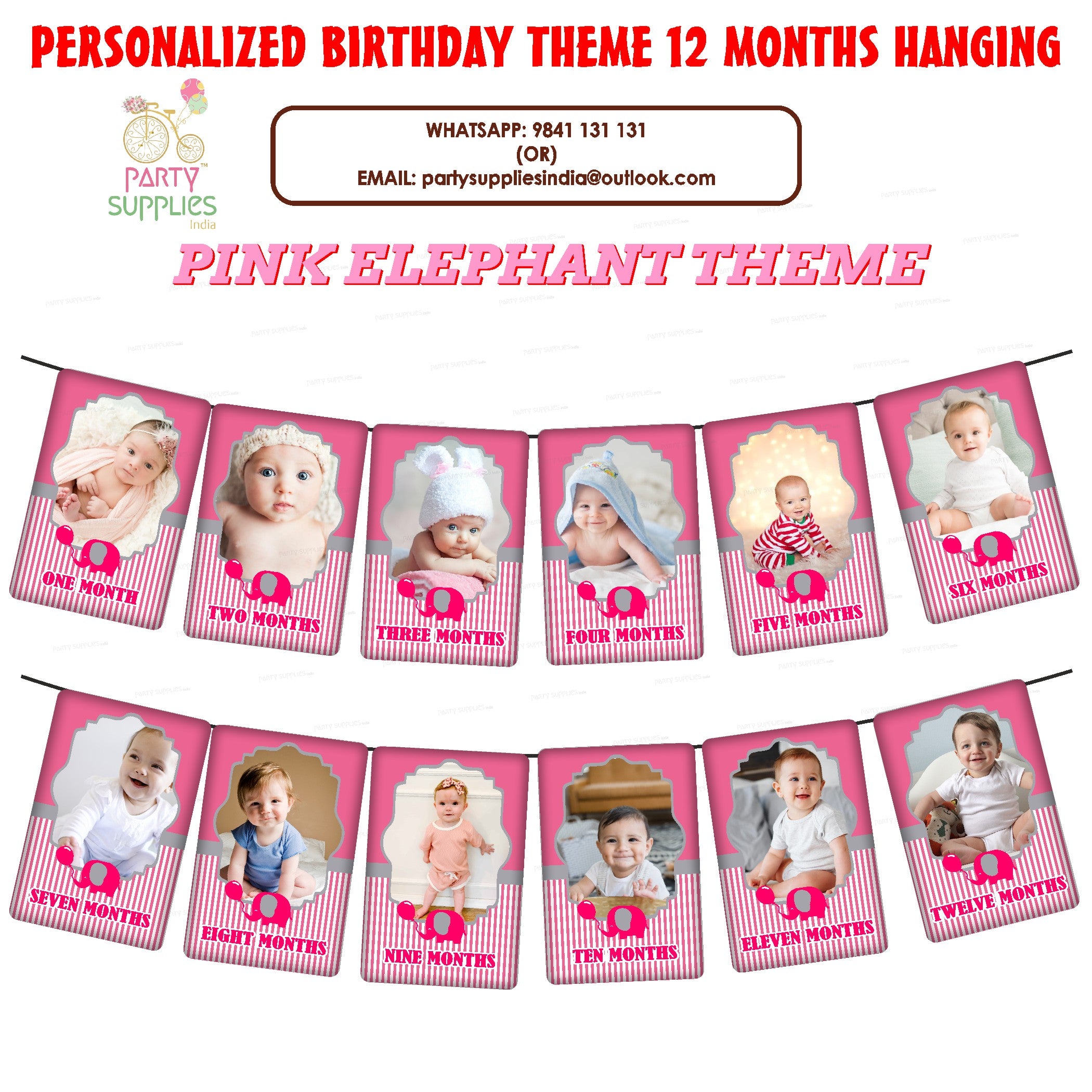 Pink Elephant Theme 12 Months Photo Banner