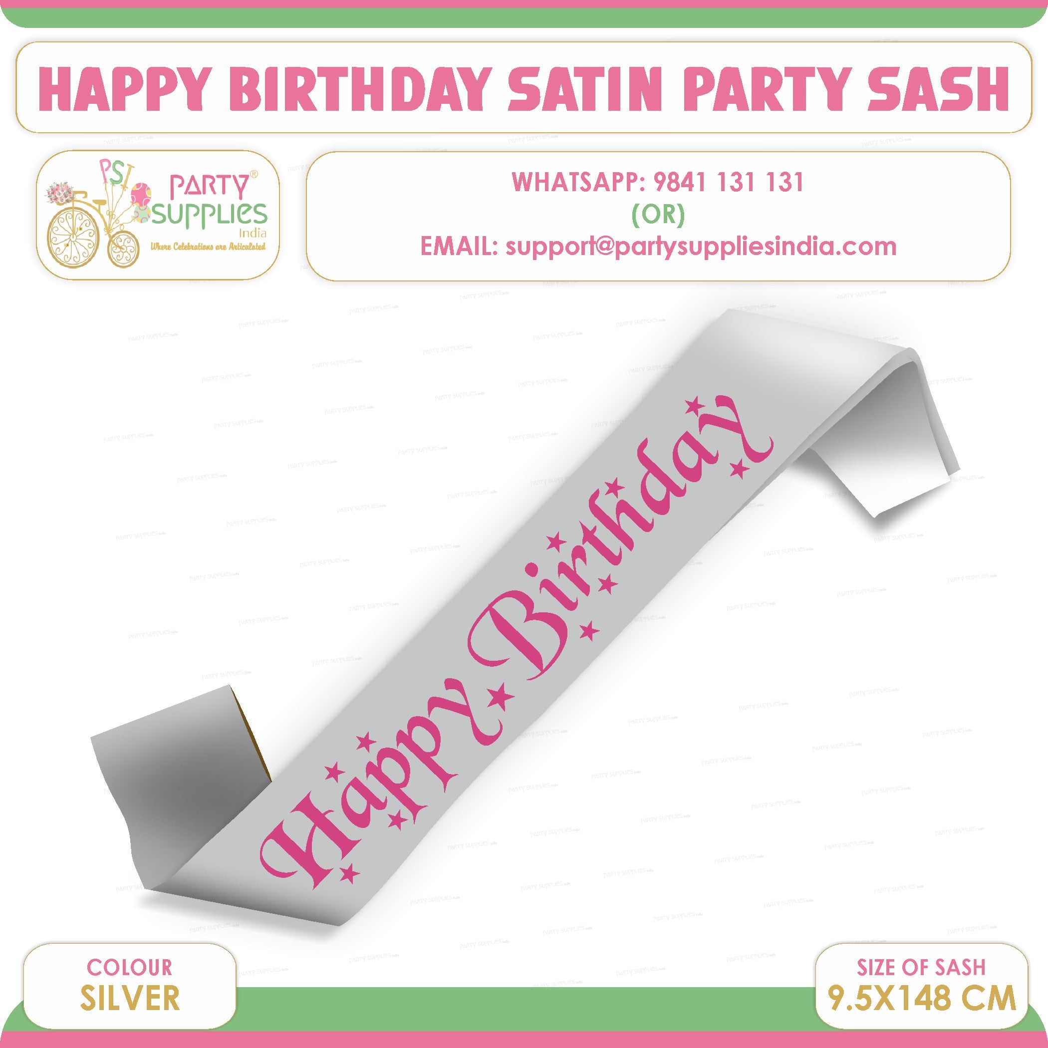 Happy Birthday Silver Satin Party Sash
