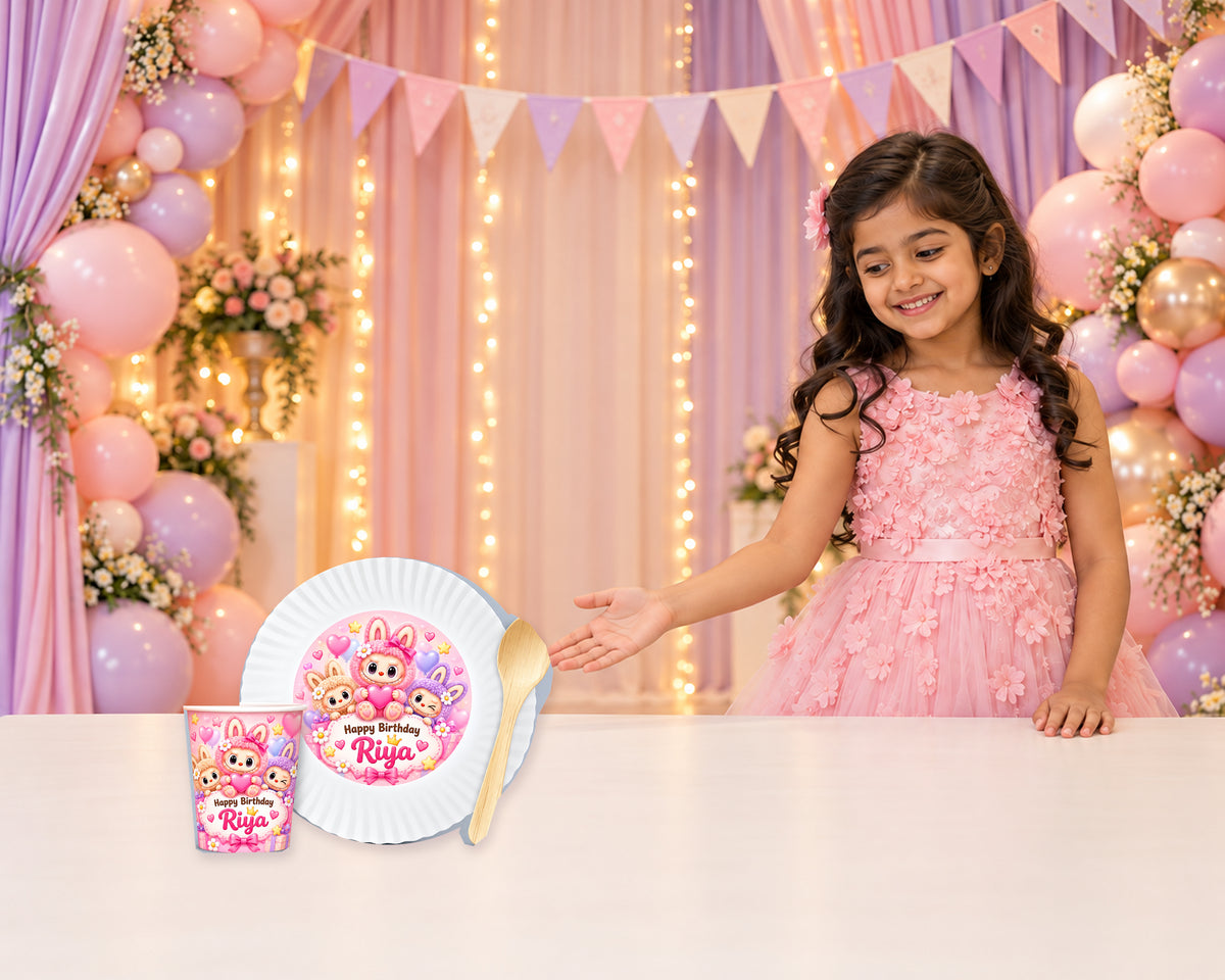 Labubu Theme Party Cups and Plates Combo - in use