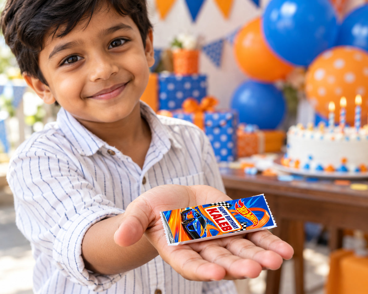 Hot Wheels Theme Home Made Chocolate Return Gifts - in use