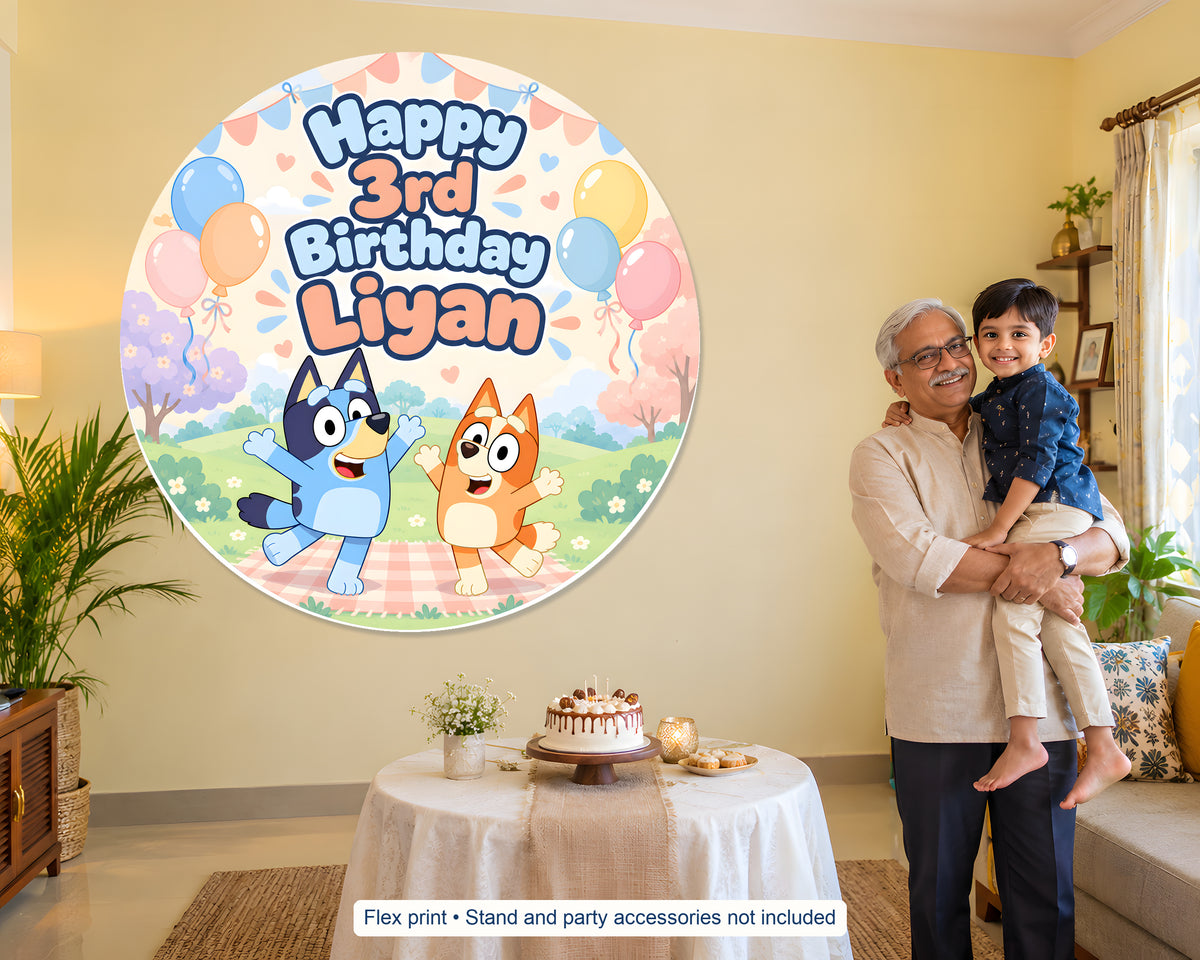 Bluey Theme Personalized Round Backdrop - Pastel Design - in use