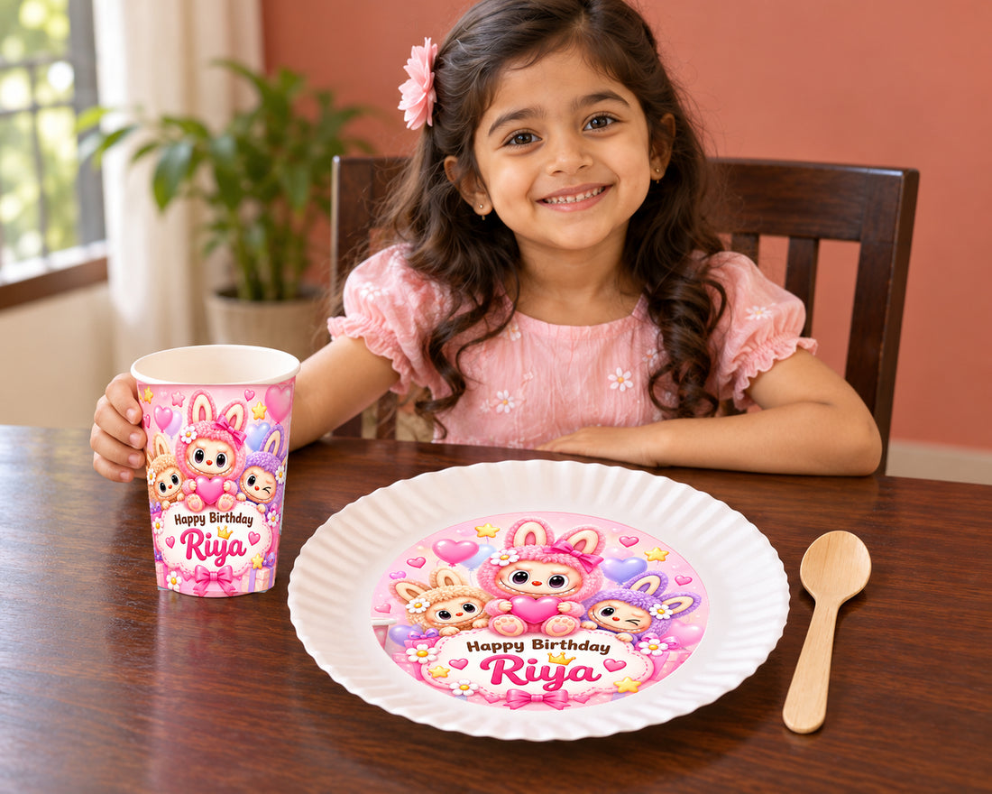 Labubu Theme Party Cups and Plates Combo - in use