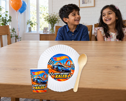 Hot Wheels Theme Party Cups and Plates Combo - in use