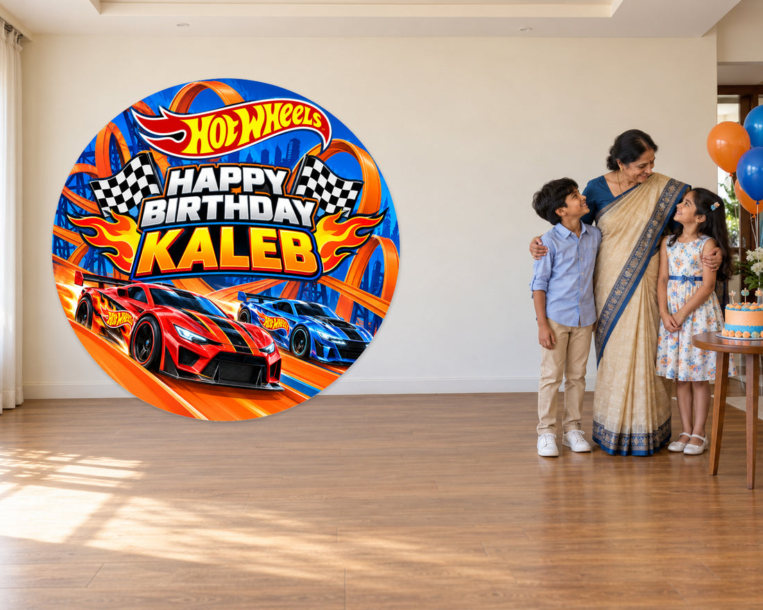 Hot Wheels Theme Personalized Round Backdrop - in use