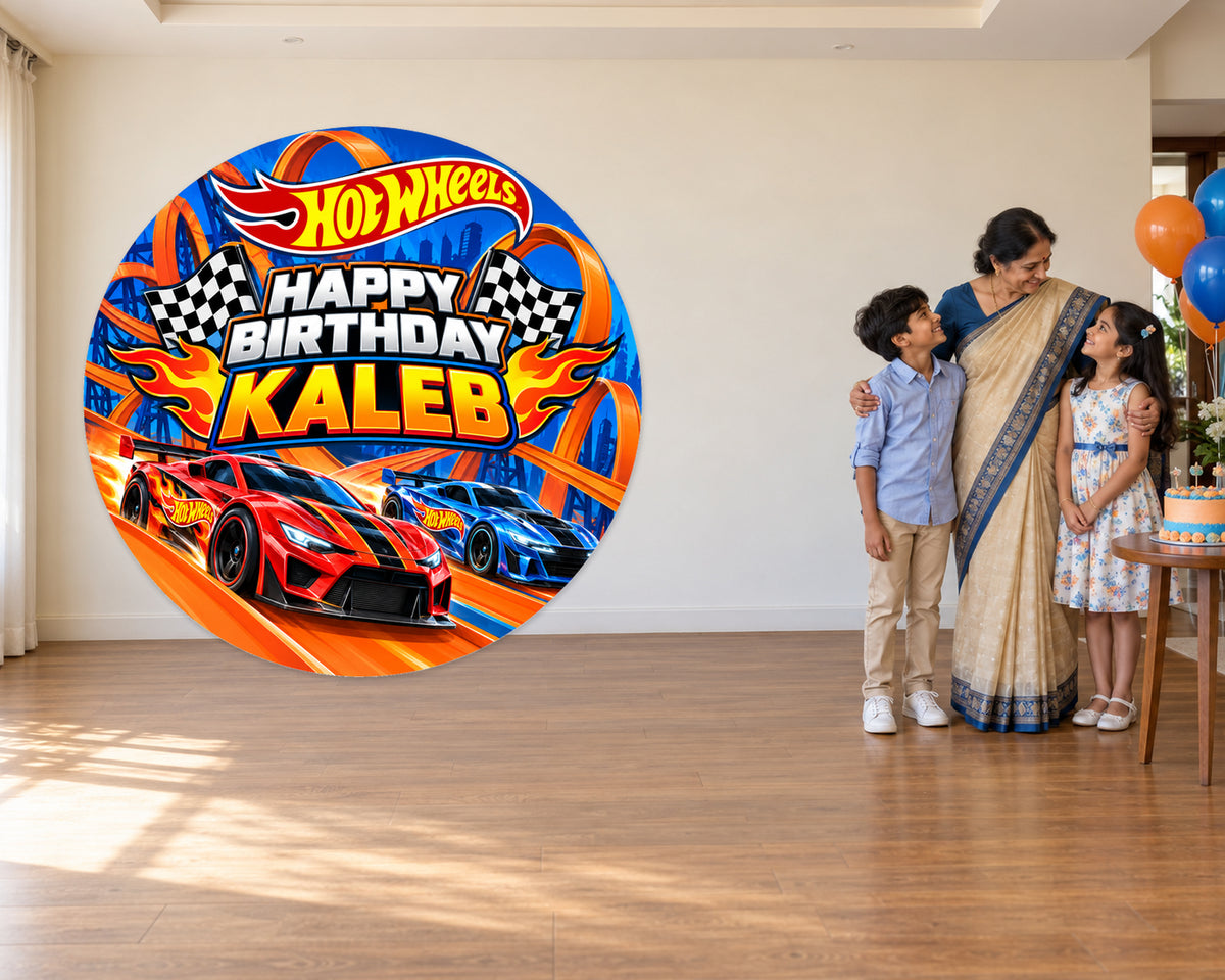 Hot Wheels Theme Personalized Round Backdrop - in use