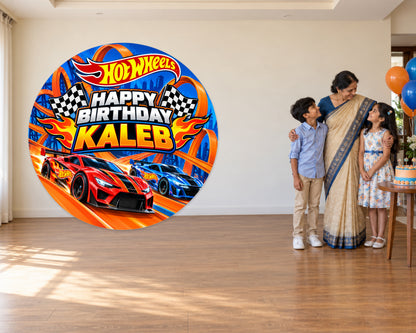 Hot Wheels Theme Personalized Round Backdrop - in use