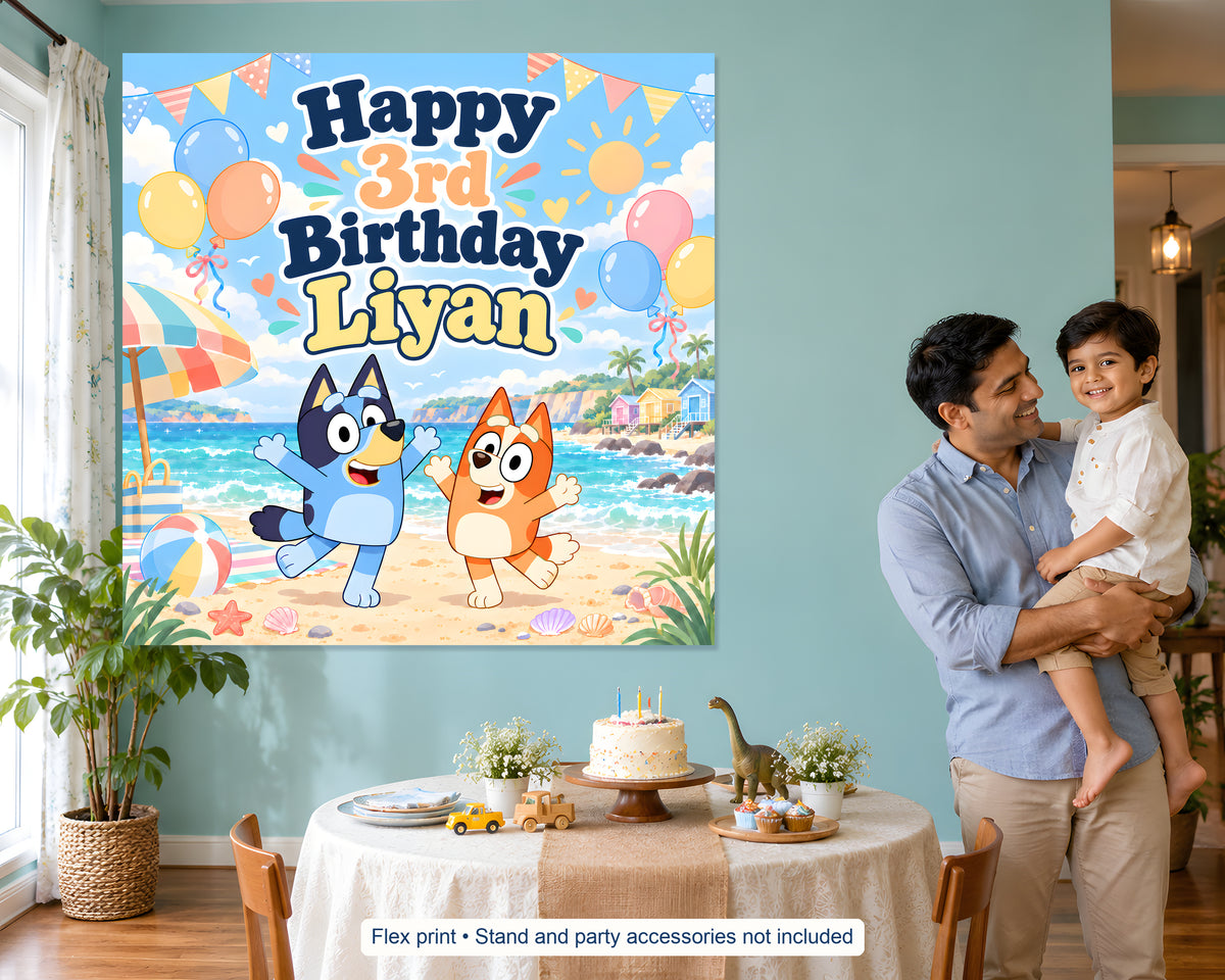 Bluey Theme Personalized Square Backdrop - in use