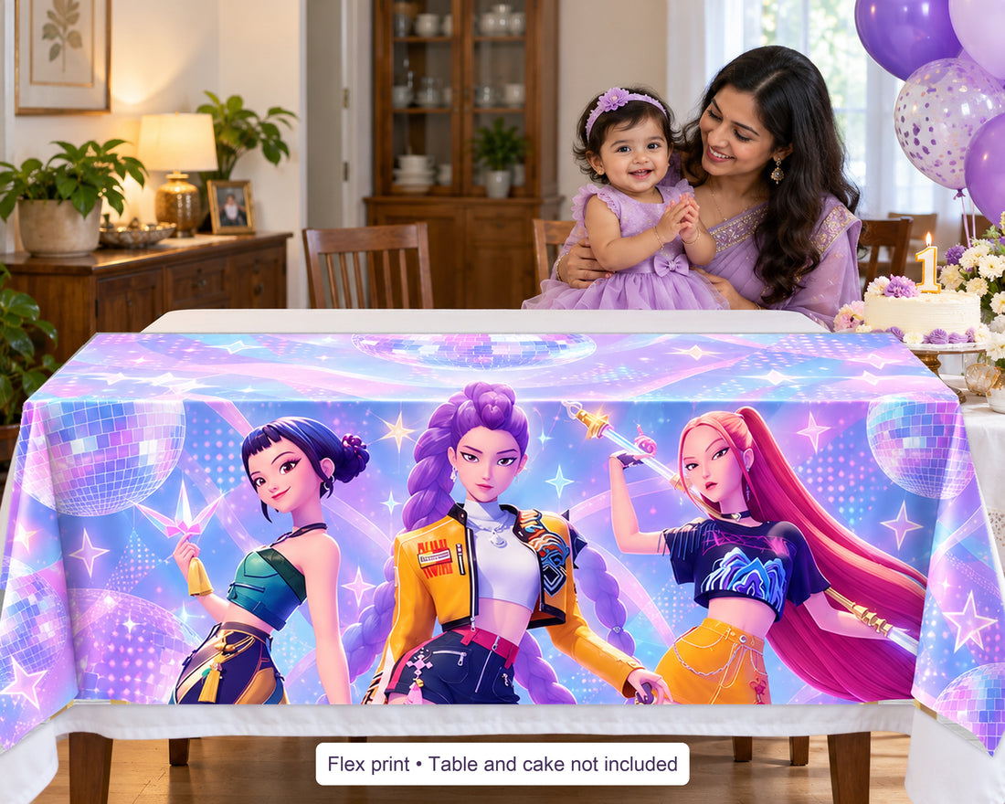 K-Pop Demon Hunters Theme Cake Table Cover - in use