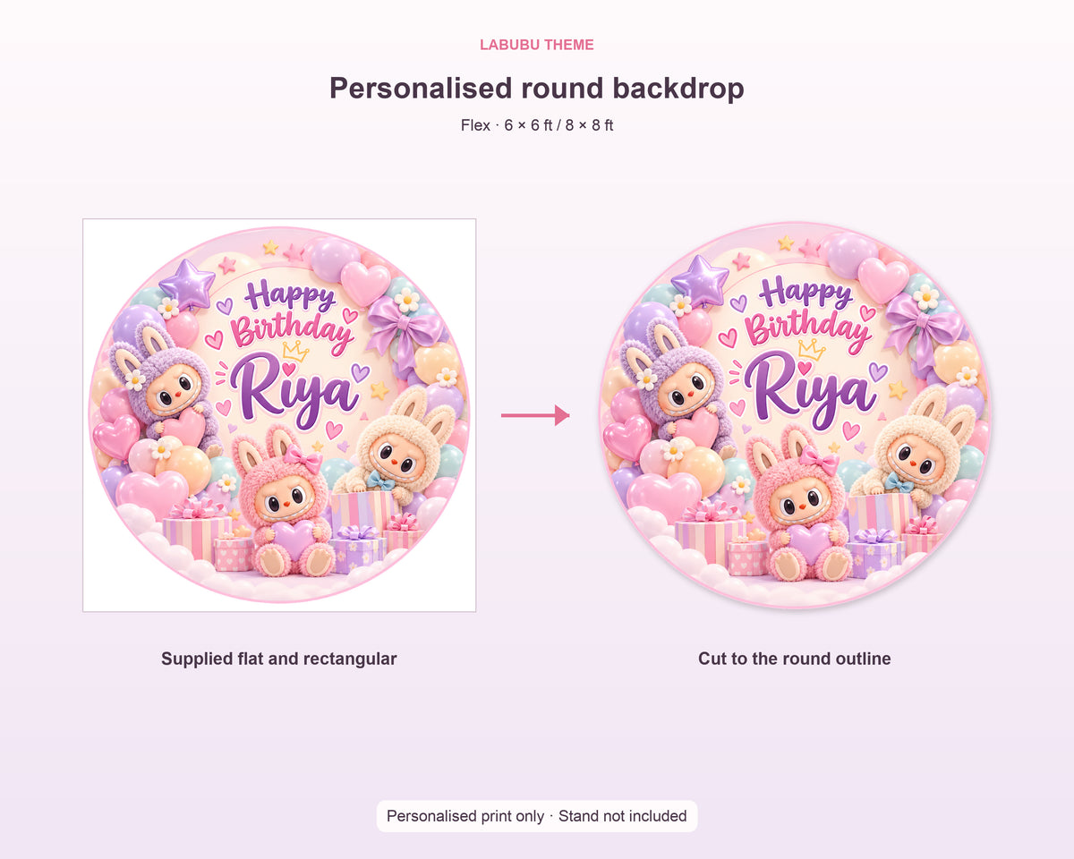Labubu Theme Personalized Round Backdrop - size and details