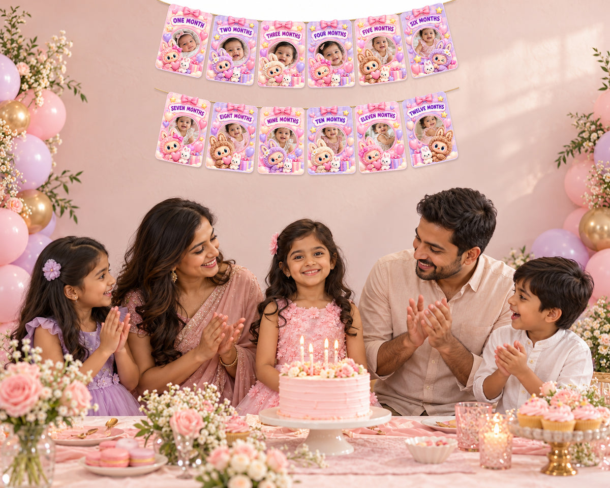 Labubu Theme 12 Months Photo Banner - at the party