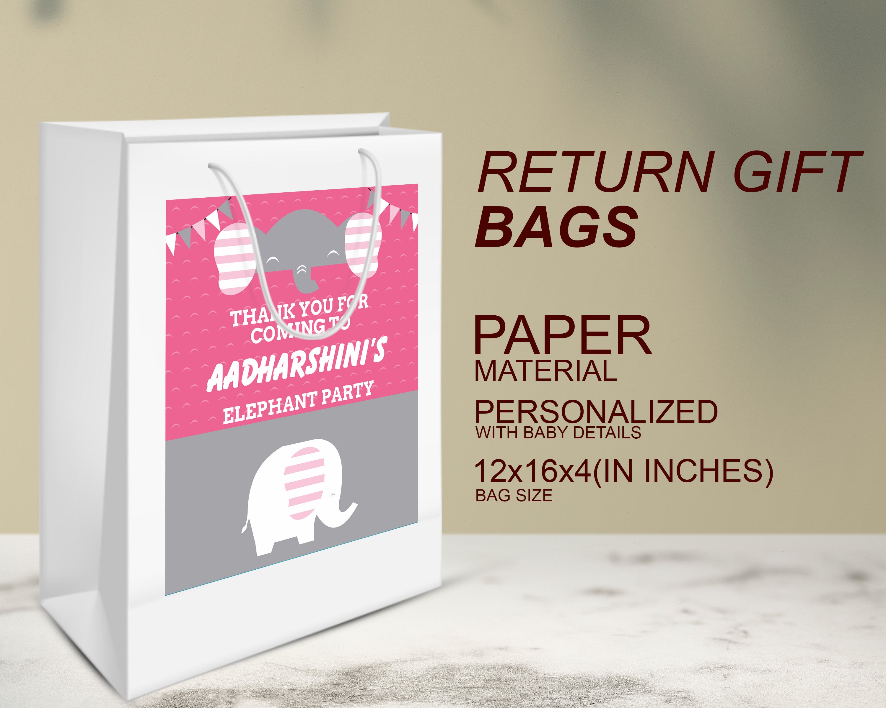 PSI Pink Elephant Theme Oversized Return Gift Bag