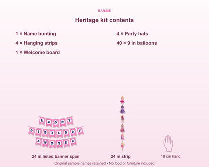 Barbie Theme Heritage Combo Kit - sizes and details
