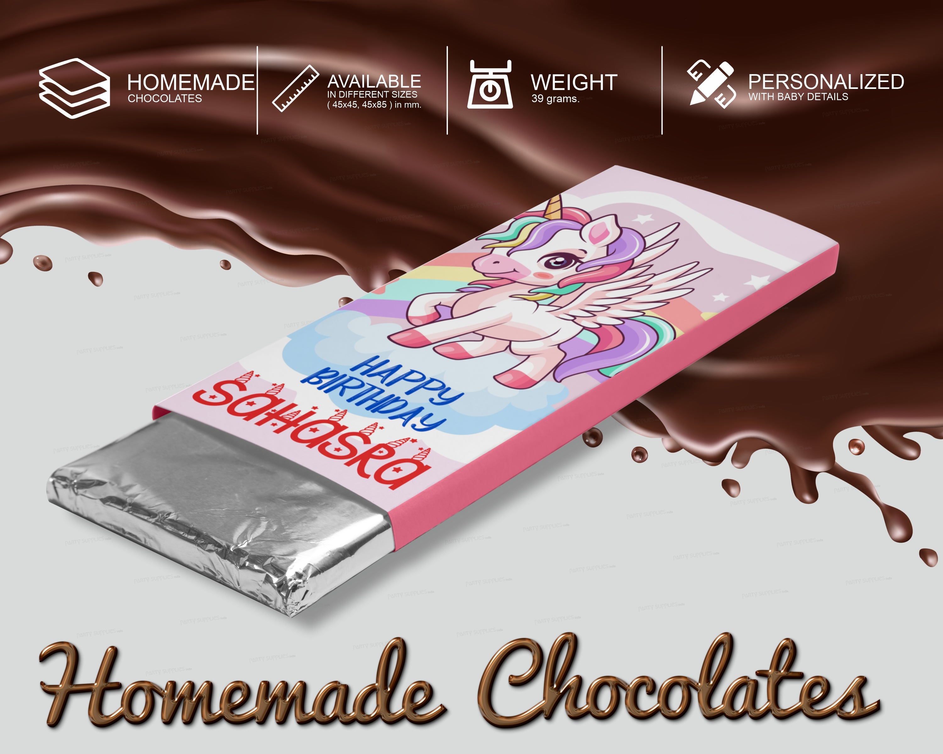 Unicorn Theme Home Made Chocolate Return Gifts