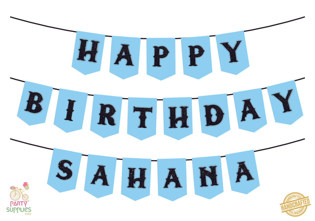 Hand Crafted Pastel Blue with Black Happy Birthday Bunting