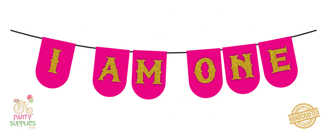 Hand Crafted Pink with Gold  I am one Bunting