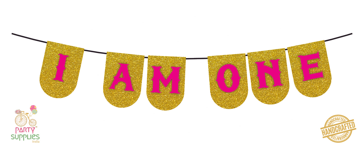 Hand Crafted Gold with pink I am one Bunting