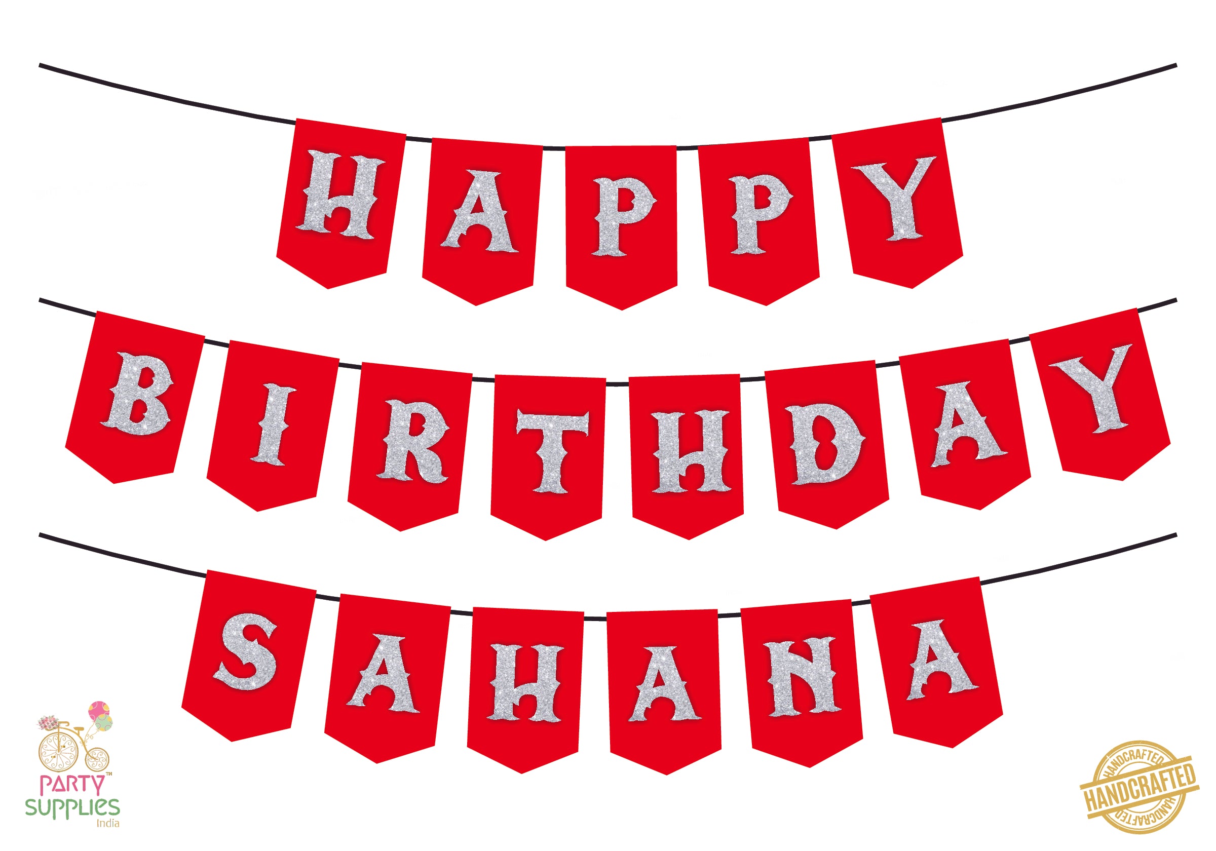 Hand Crafted Red with Silver Happy Birthday Bunting