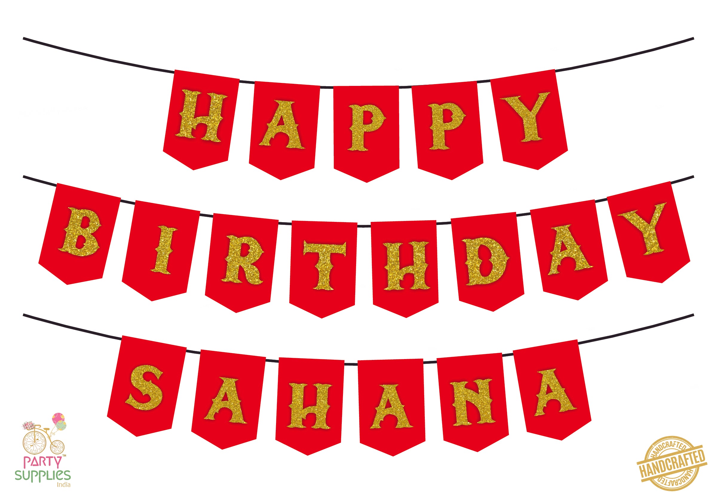 Hand Crafted Red with Gold Happy Birthday Bunting