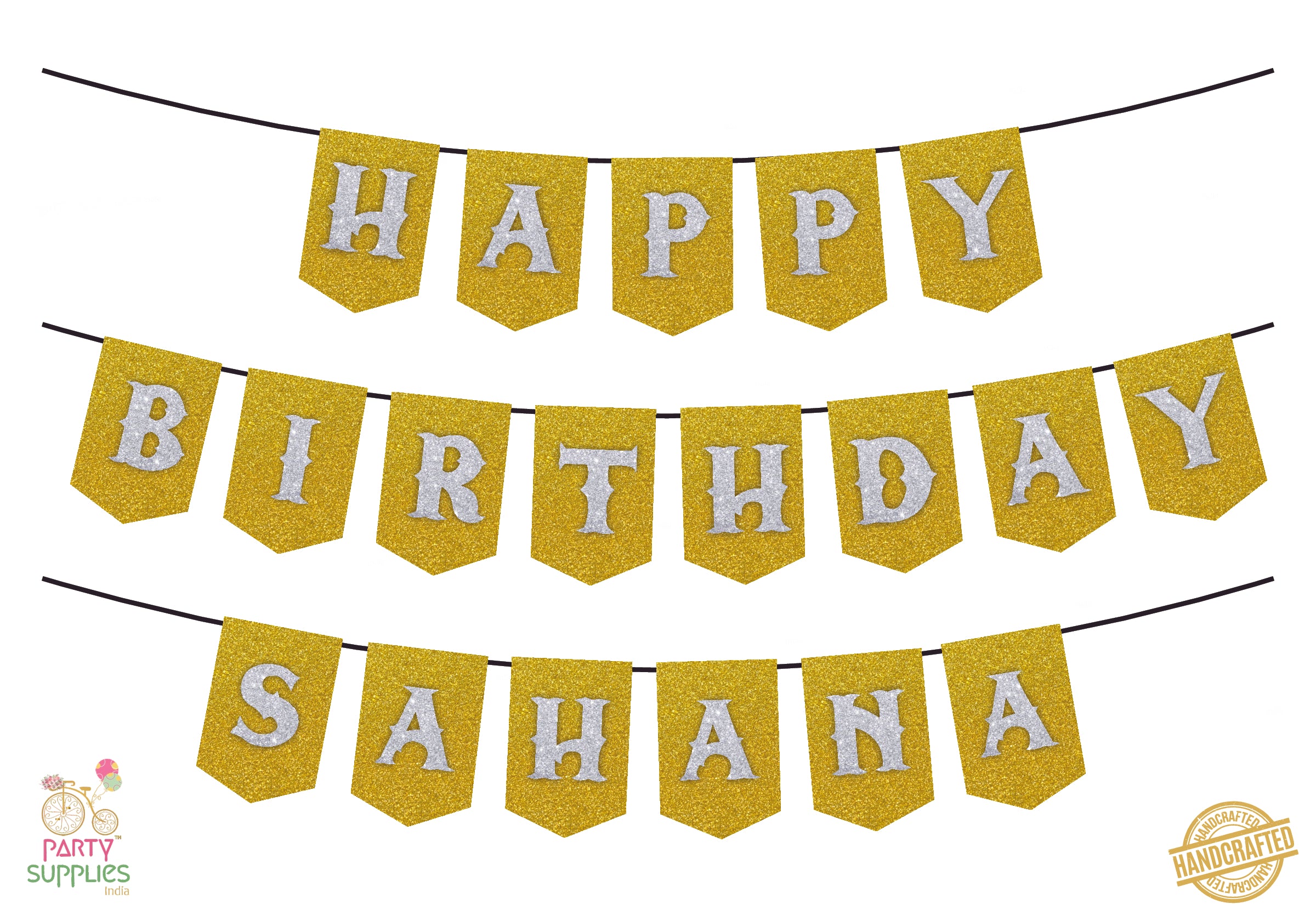 Hand Crafted Gold with Silver Happy Birthday Bunting