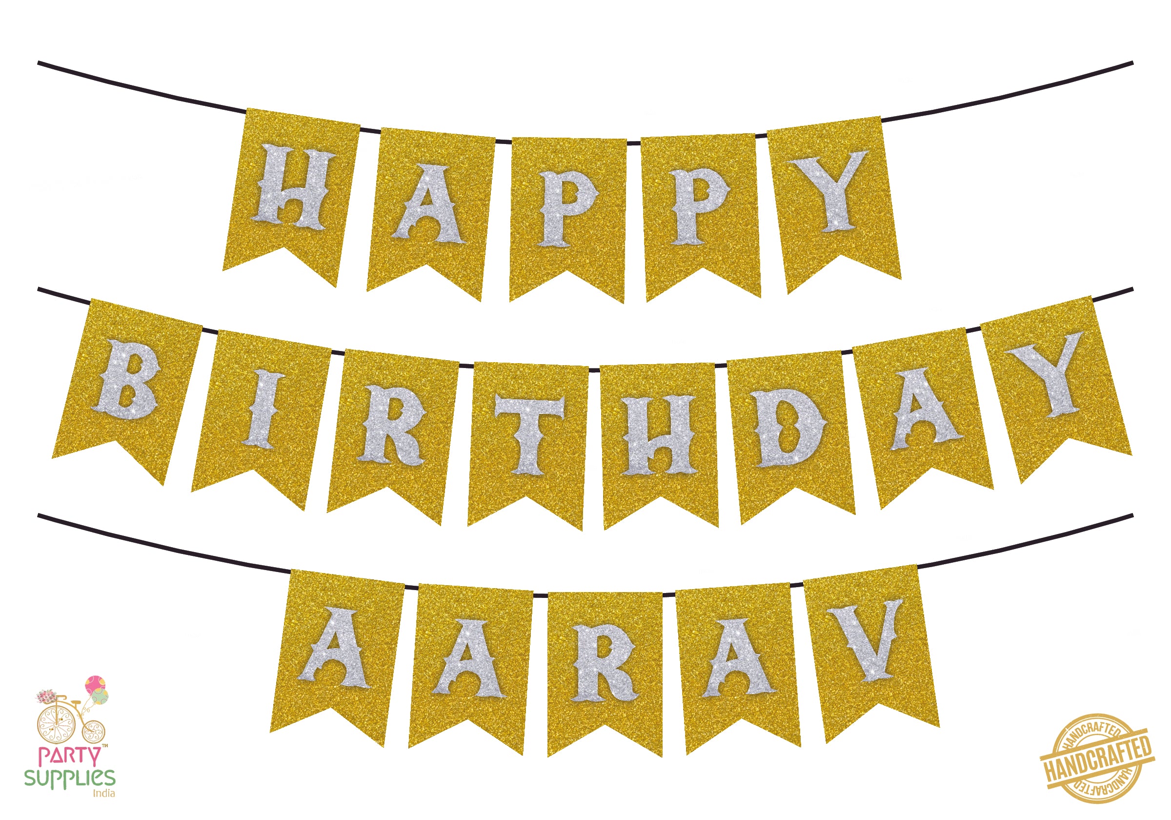Hand Crafted Gold with Silver Happy Birthday Bunting