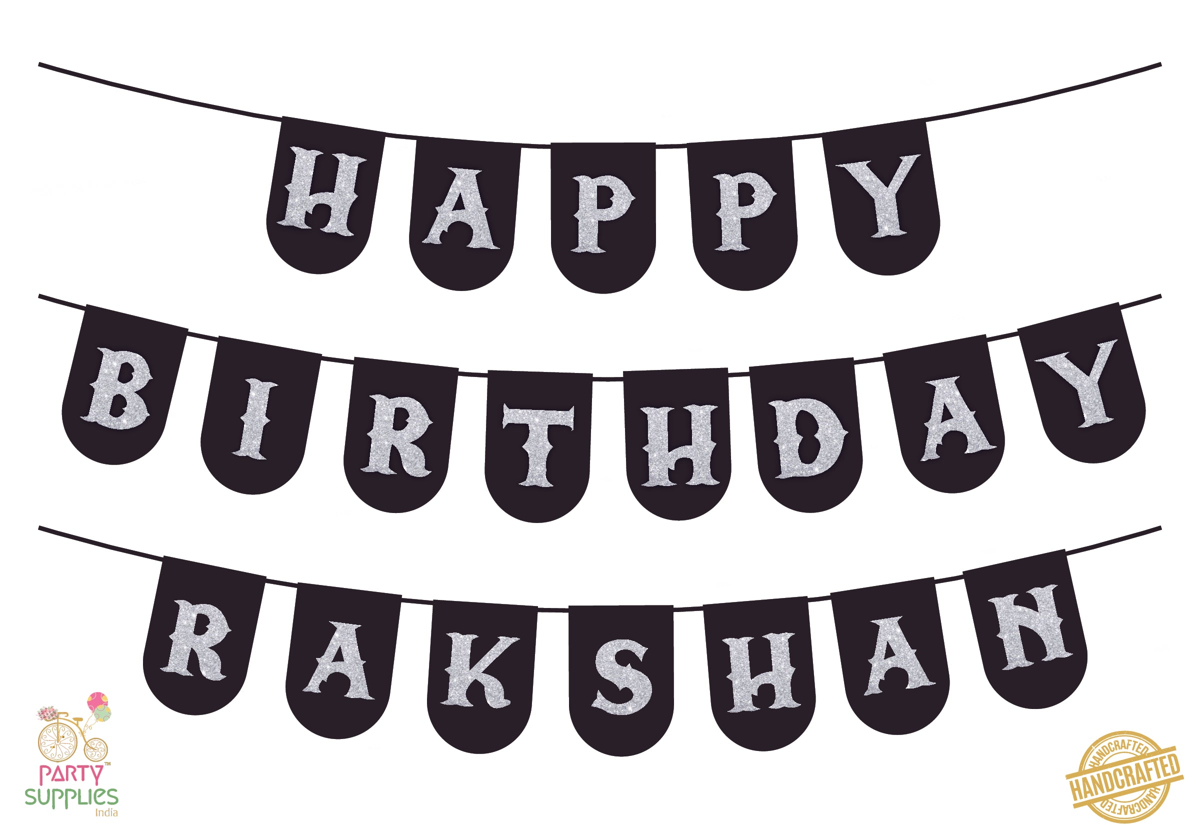 Hand Crafted Black with Silver Happy Birthday Bunting
