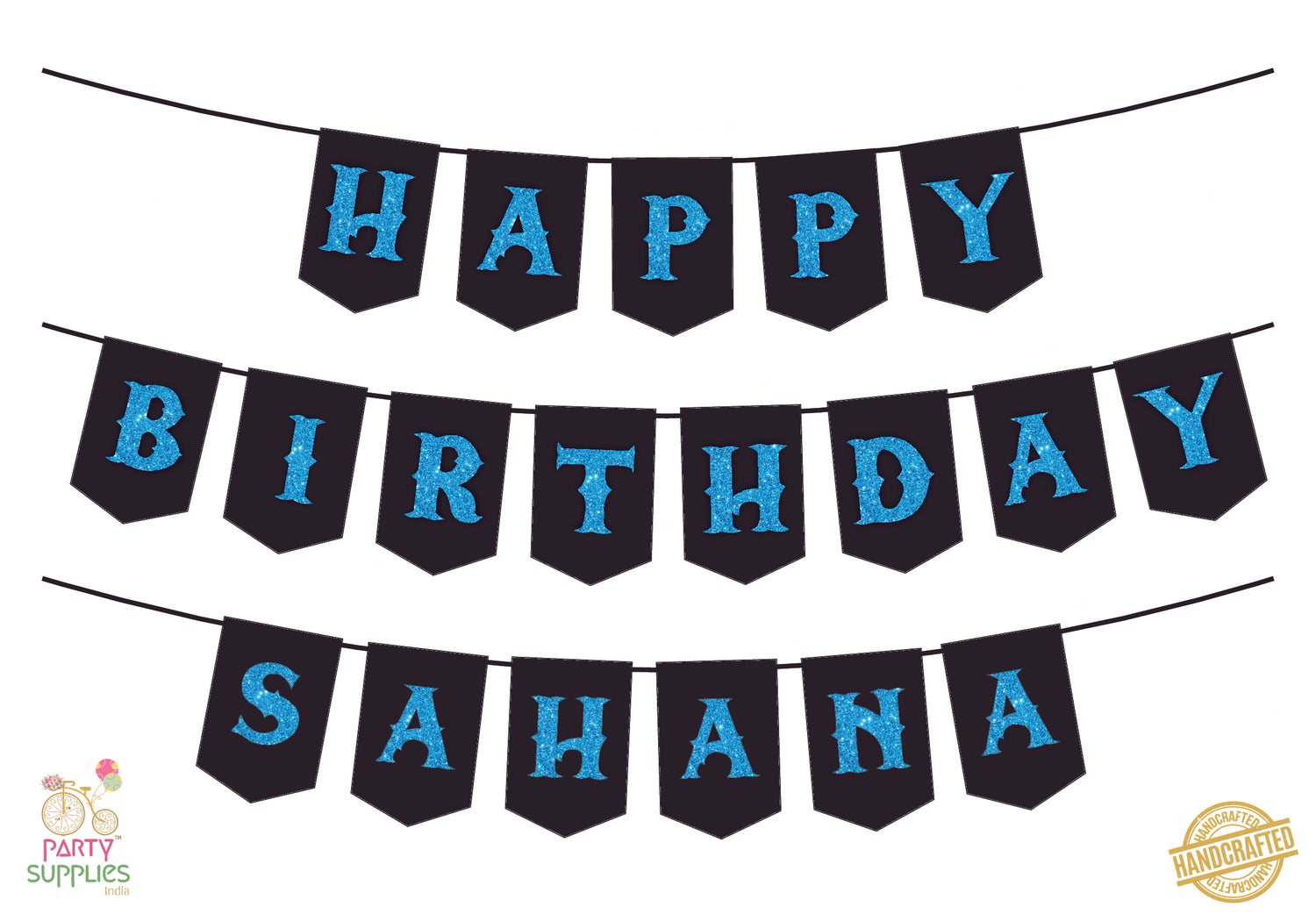 Hand Crafted Black with Sky Blue Happy Birthday Bunting