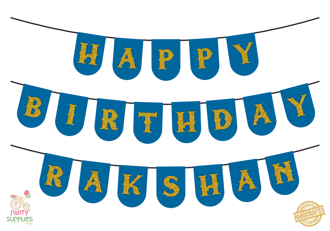 Hand Crafted Blue with Gold Happy Birthday Bunting