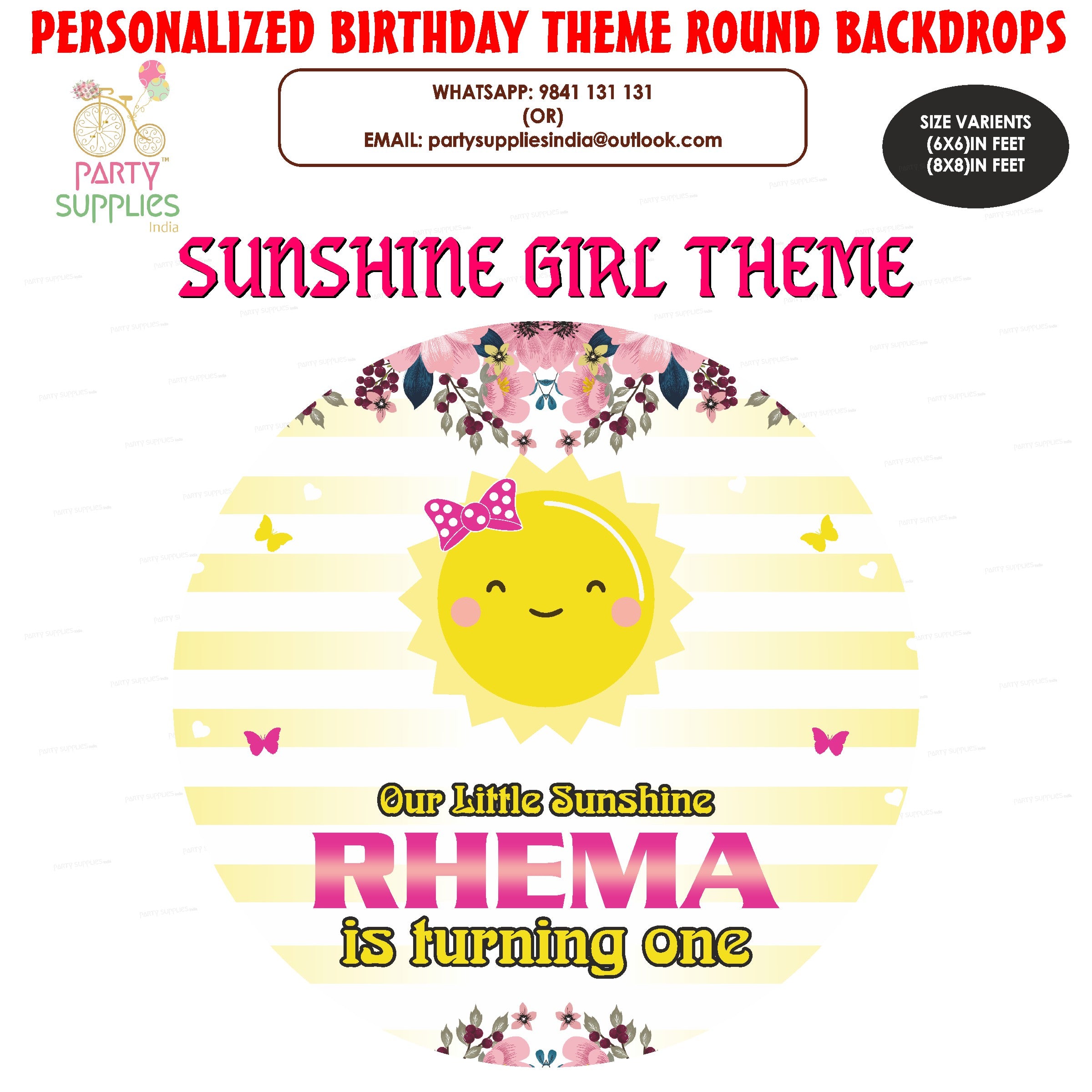 PSI Sunshine Theme Girl Personalized Round Backdrop
