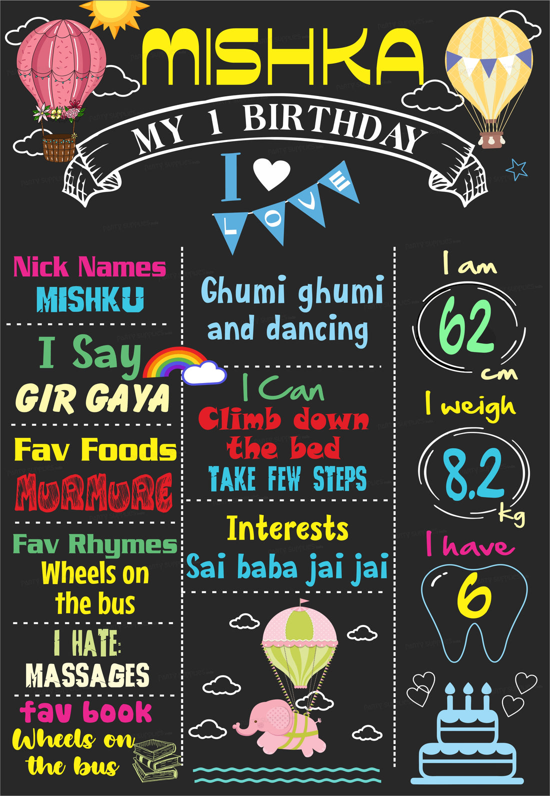 Hot Air Theme Girl Personalized Chalk Board