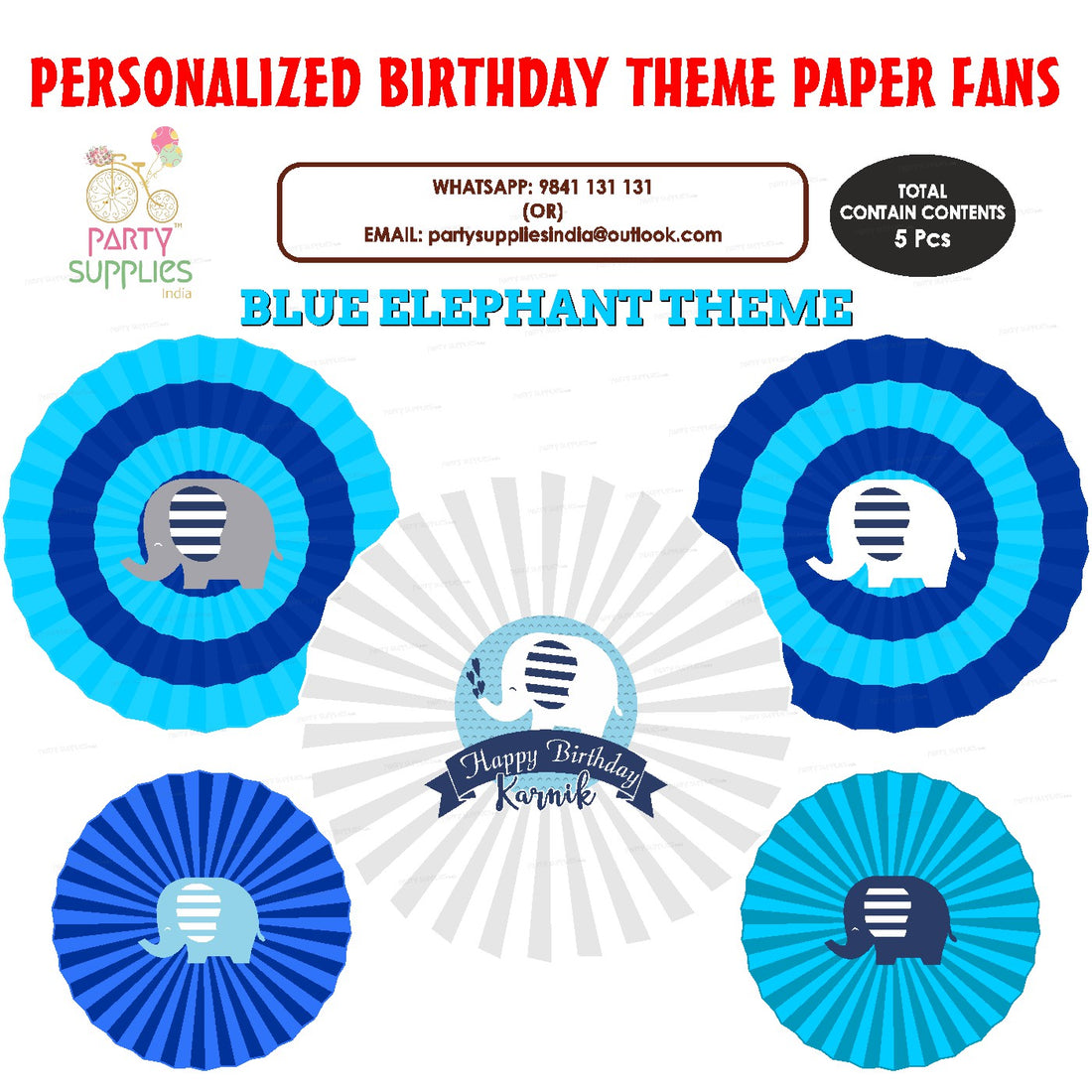 PSI Blue Elephant Theme Paper Fan