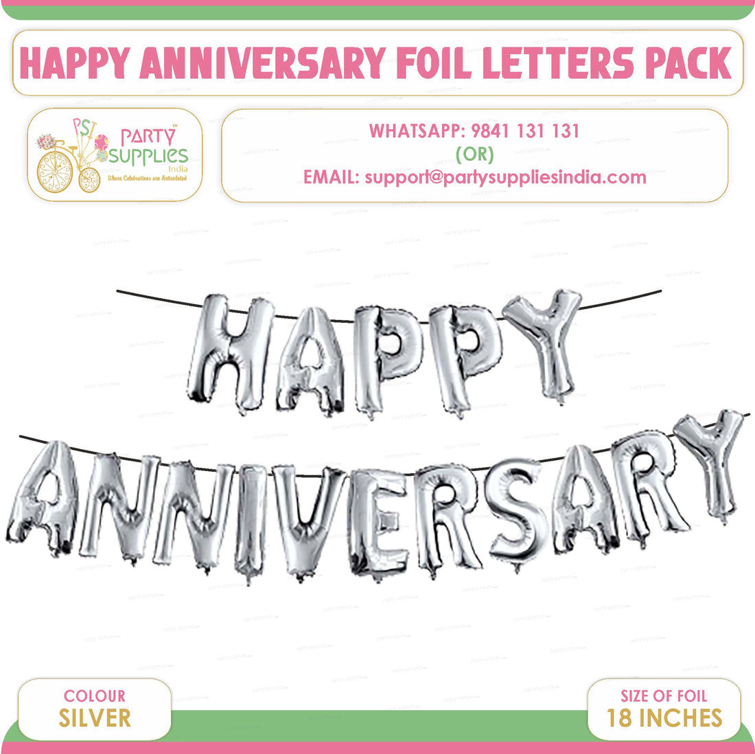 PSI Happy Anniversary Silver Foil Balloons Letter Pack