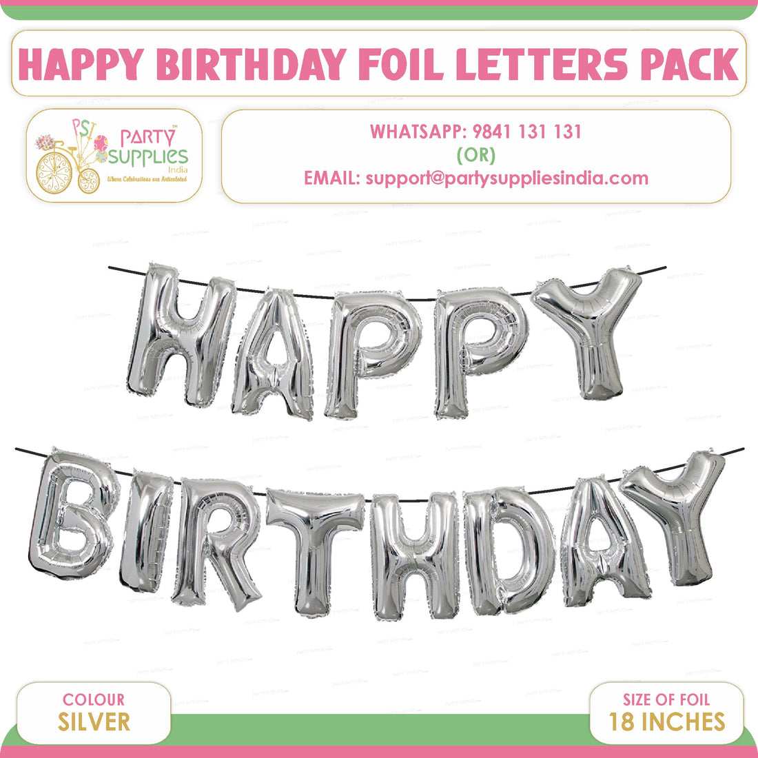 PSI Happy Birthday Silver Foil Balloons Letter Pack