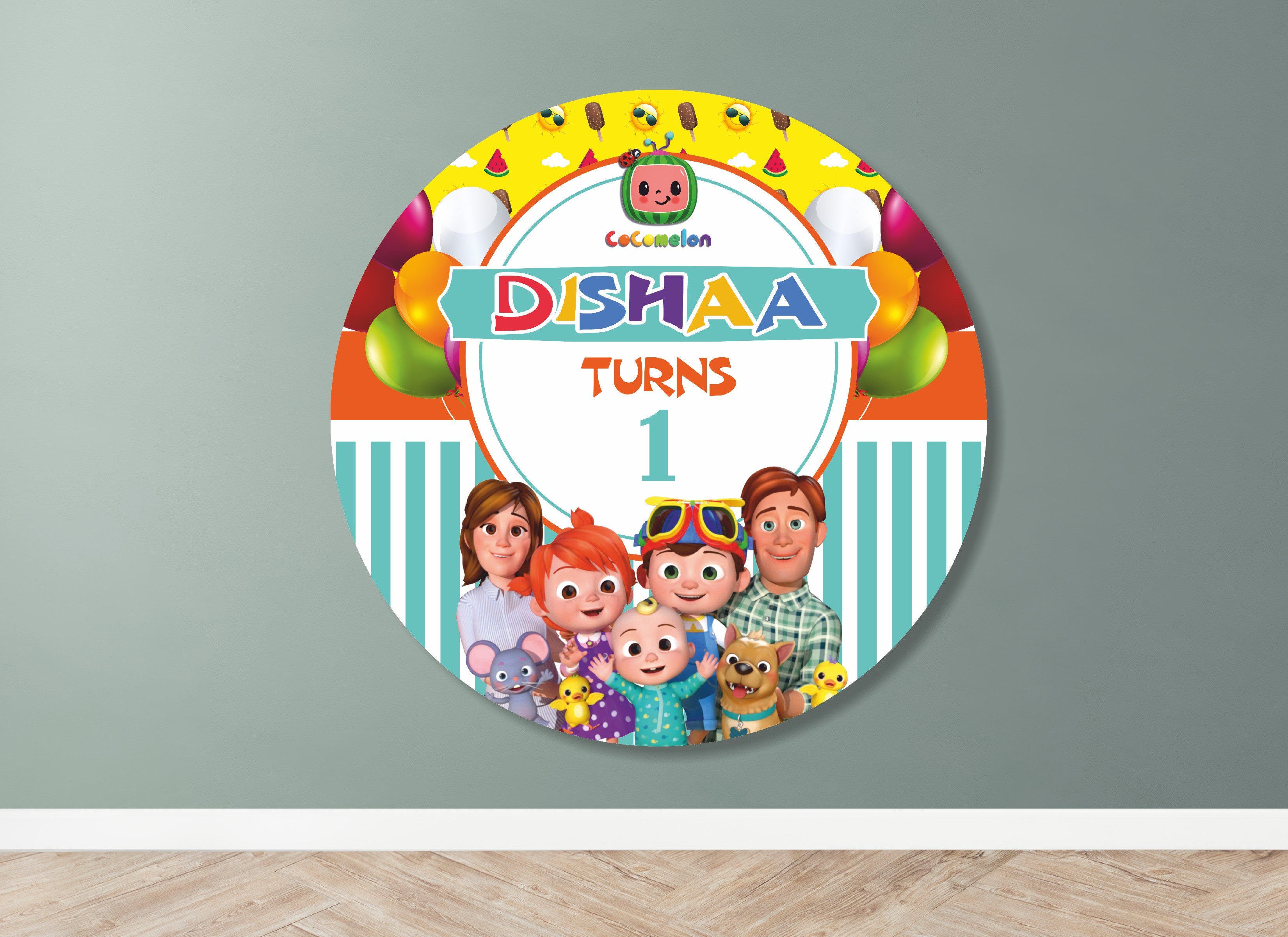 Coco Melon Theme Boy Personalized Round Backdrop - image 4 of 5 | Party Supplies India
