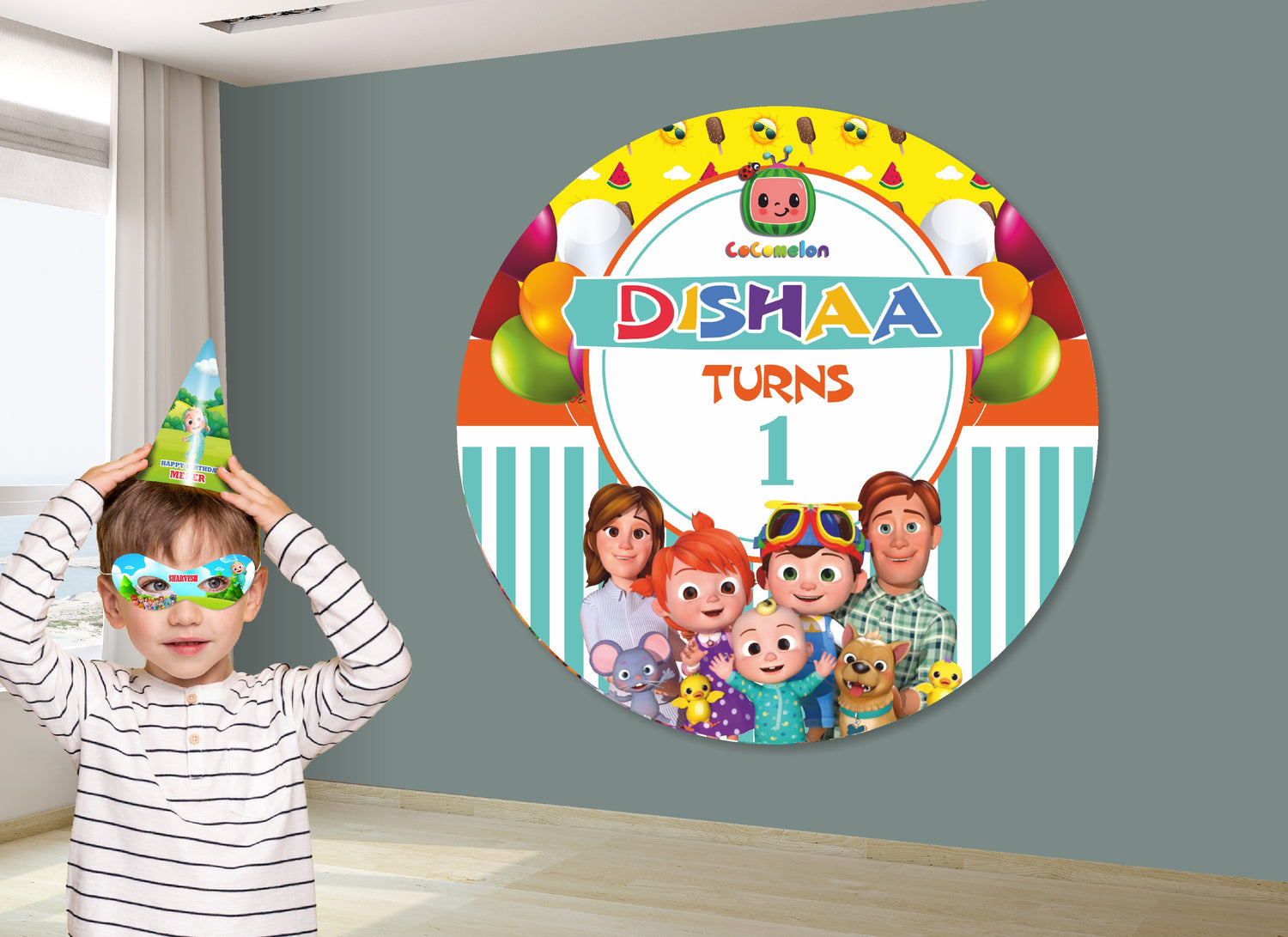 Coco Melon Theme Boy Personalized Round Backdrop - image 2 of 5 | Party Supplies India