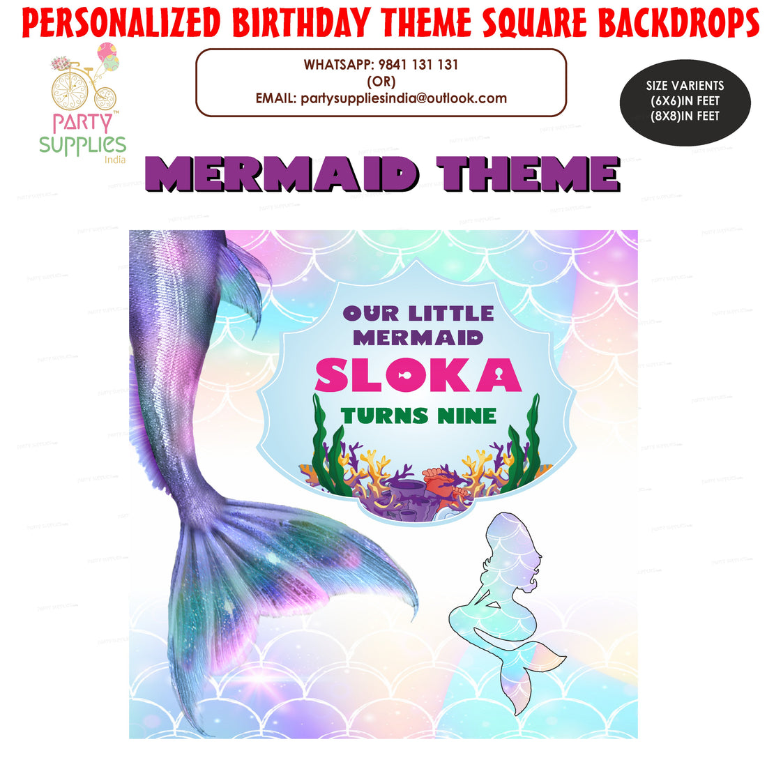 Mermaid Theme Personalized Square Backdrop