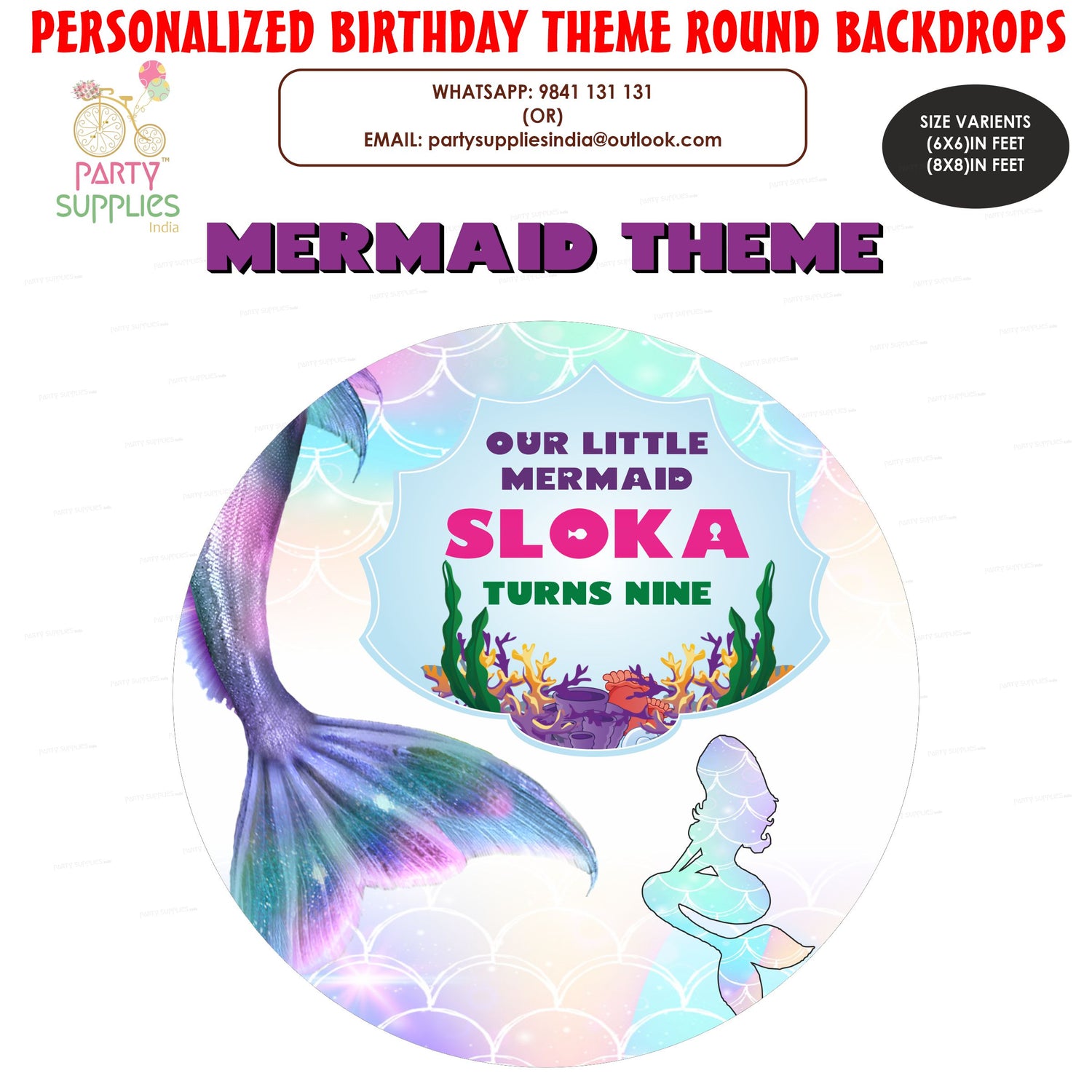 Mermaid Theme Personalized Round Backdrop