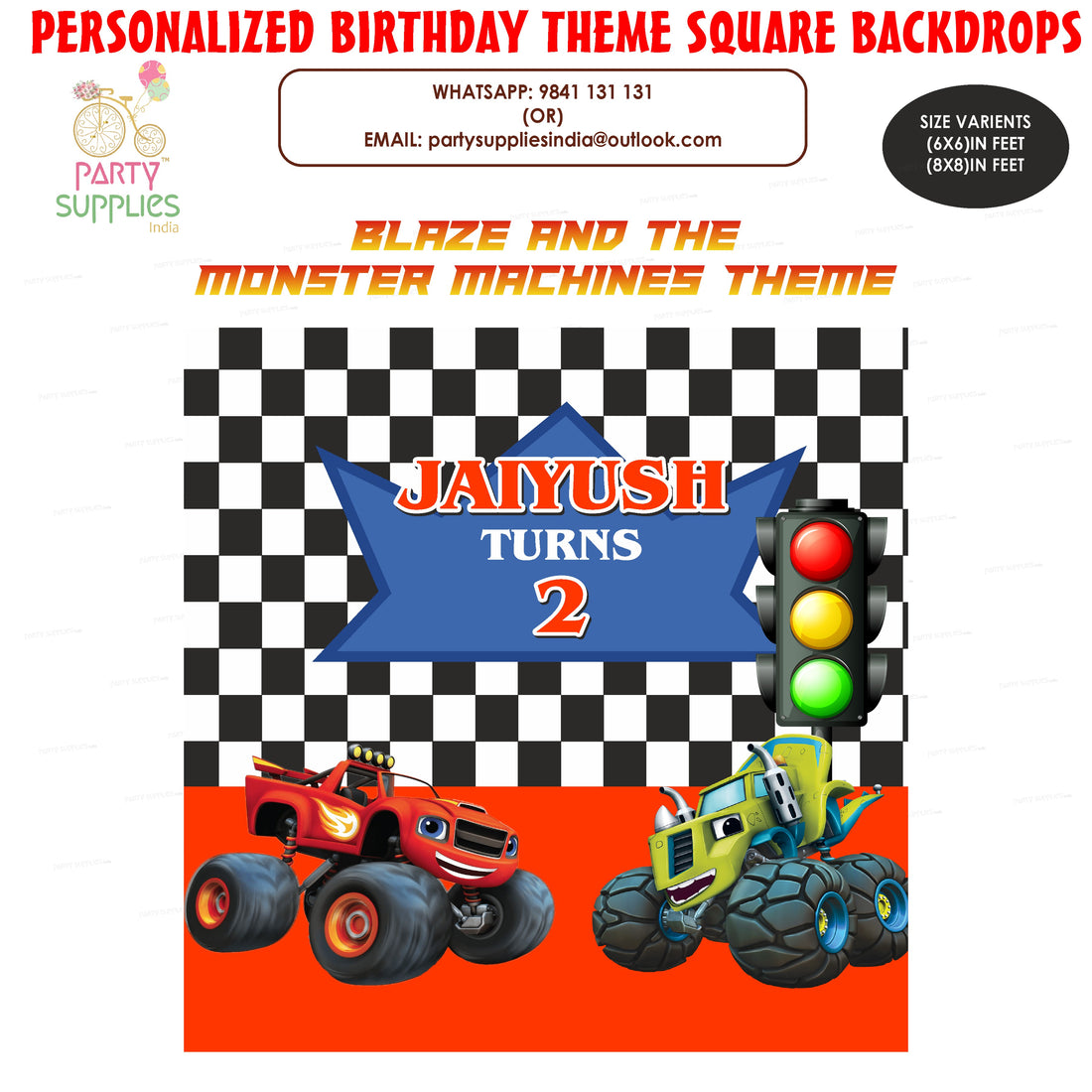 PSI Blaze and the Monster Machines Theme Personalized Square Backdrop