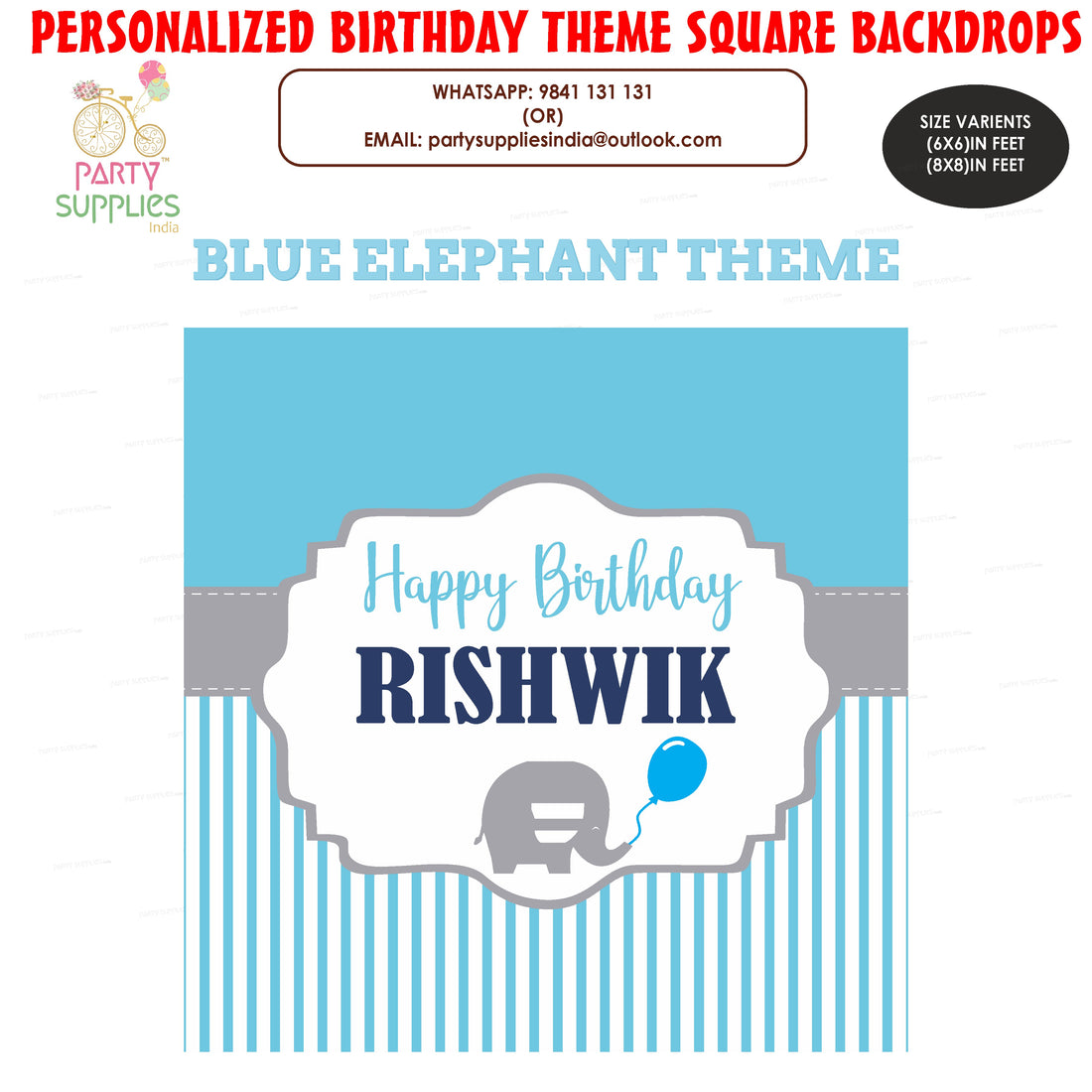 Blue Elephant Theme Square Backdrop Backdrop
