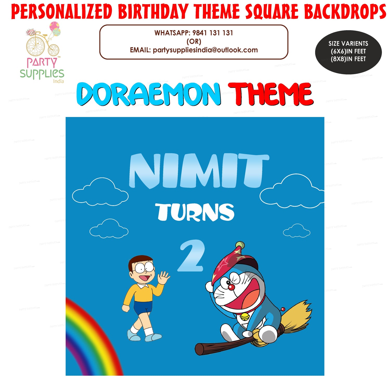Doraemon Theme Personalized Square Backdrop - image 1 of 3 | Party Supplies India