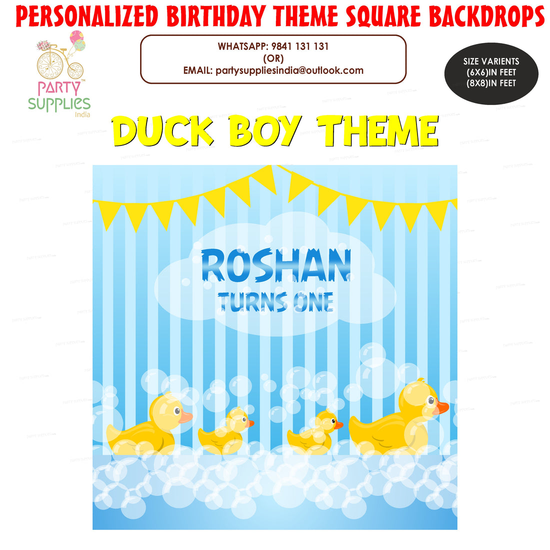 Duck Theme Boy with Name Square Backdrop