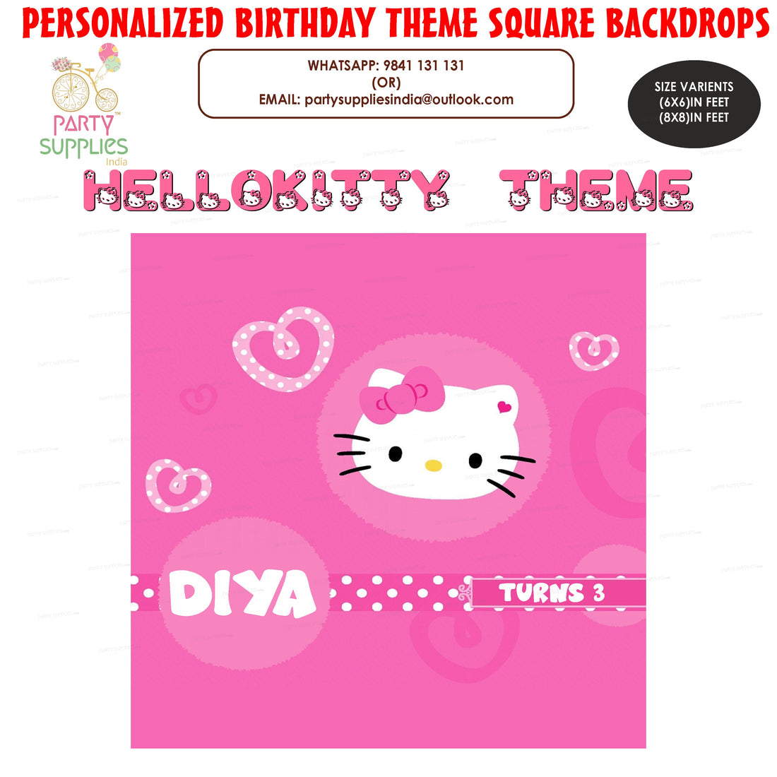 PSI Hello Kitty Theme with Baby Name Square Backdrop