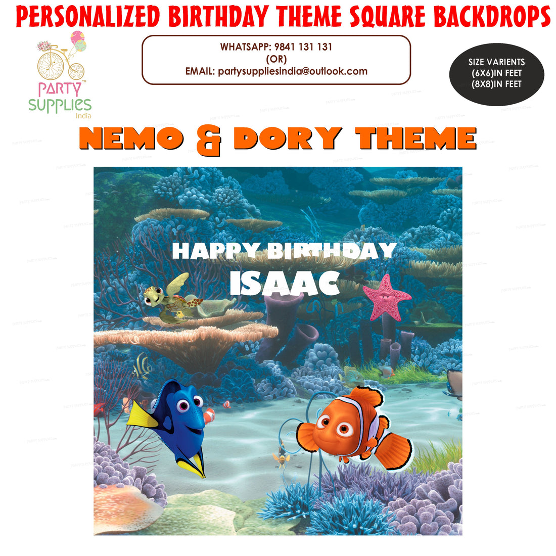 PSI Nemo and Dory Theme Personalized Square Backdrop