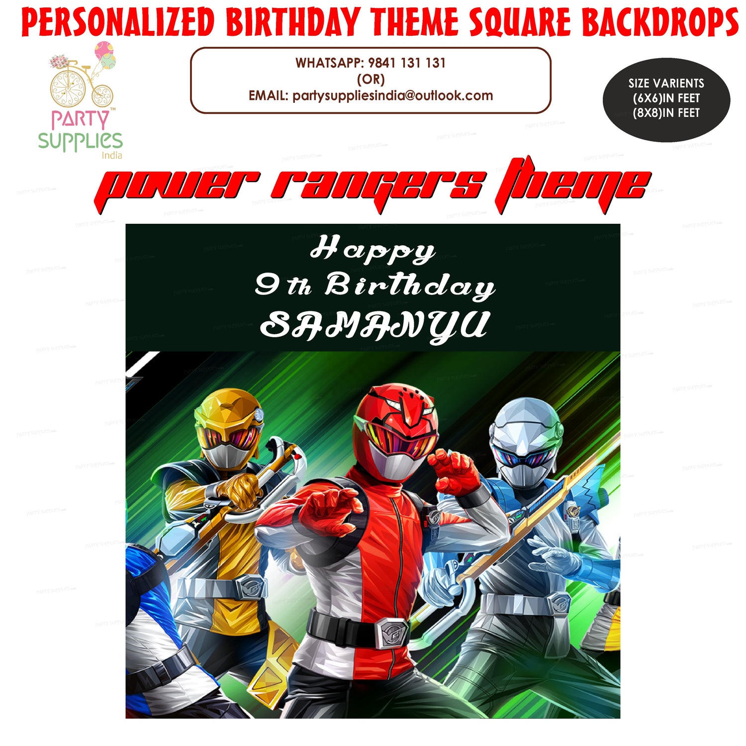 Power Rangers Theme Personalized Square Backdrop | Kids birthday ...