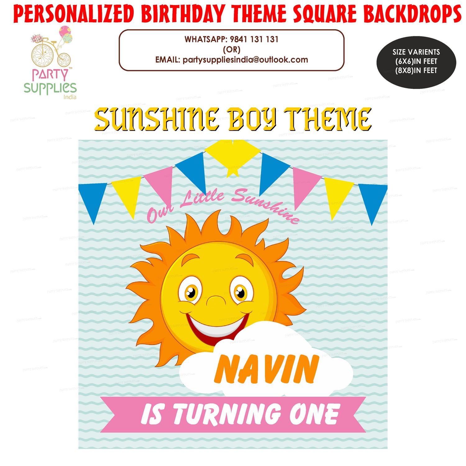 Sunshine Theme Boy Personalized with Name Square Backdrop - image 1 of 3 | Party Supplies India