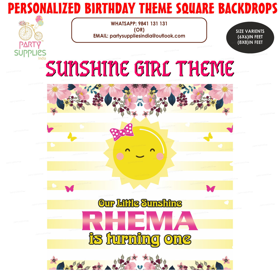 PSI Sunshine Theme Girl Personalized Square Backdrop